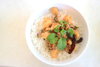 High angle view of meal served in bowl