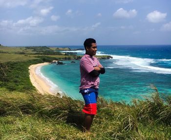 Full length of man standing on beach against sky