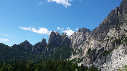 Low angle view of rocky mountains against sky