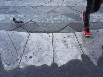 Low section of people standing on tiled floor