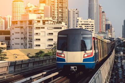 Bts sky train is running in downtown of bangkok. sky train is fastest transportation mode in bangkok 