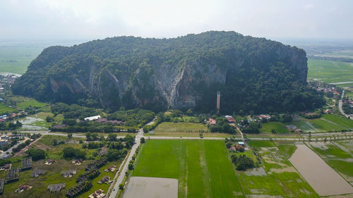 High angle view of trees on landscape against sky