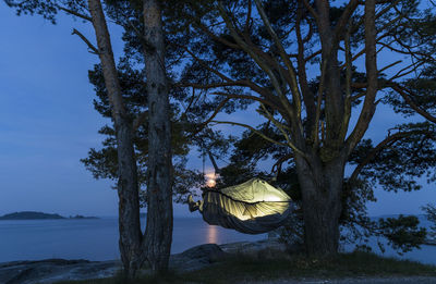 Person sleeping in hammock by lake at night