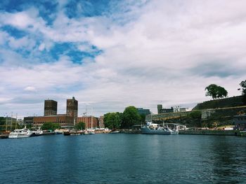 Scenic view of sea by buildings against sky