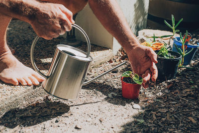 Midsection of man working with vegetables