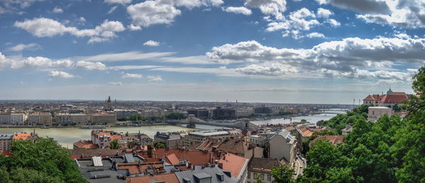 Panoramic view of the danube river and the embankment of budapest, hungary, on a summer morning