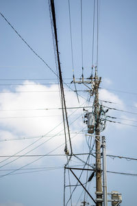 Low angle view of electricity pylon against sky