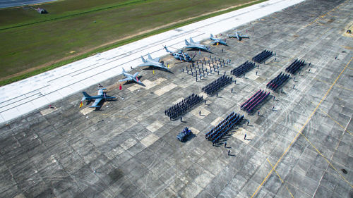 High angle view of people at airport runway
