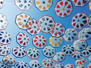 Full frame shot of colorful umbrellas hanging against clear sky