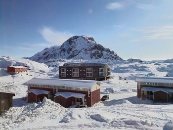 Snow covered mountains against sky