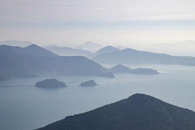 Scenic view of sea and mountains against sky