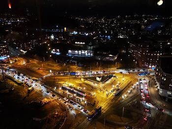 High angle view of illuminated cityscape at night