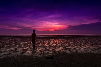 Rear view of silhouette man standing at beach during sunset