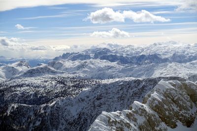 Aerial view of snowcapped mountains against sky