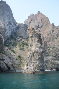 Scenic view of rocks in mountains against clear sky