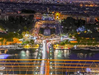 High angle view of illuminated bridge at night