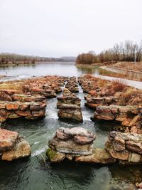 Panoramic shot of rocks in river against sky