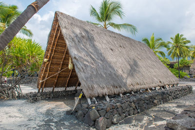 Stone wall by palm trees and houses against sky