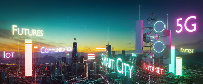 Digital composite image of illuminated city at night