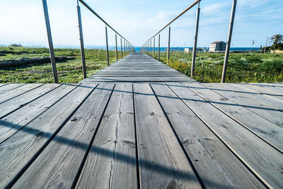 Surface level of wooden footbridge along trees