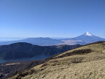 Scenic view of mountains against blue sky