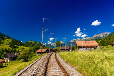 Railroad tracks by plants against blue sky