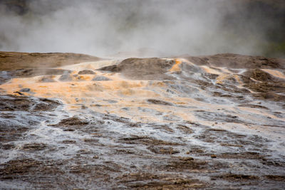 Geothermal active zone in hveragerdi, iceland with volcanic hot spring, fumarola