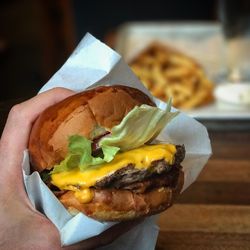 Close-up of burger on table