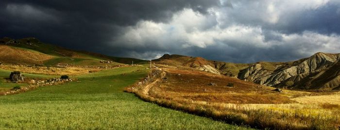 Scenic view of grassy field against cloudy sky