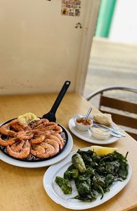 High angle view of seafood shrimp  served on table