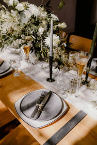 High angle view of wine in glass on table