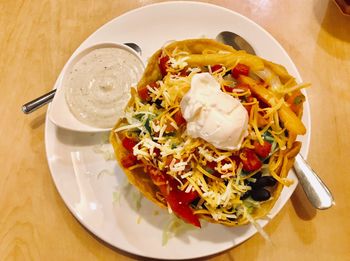 High angle view of food in plate on table