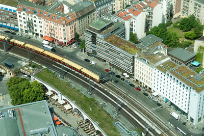 High angle view of street amidst buildings in city