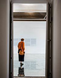 Rear view of man standing by window