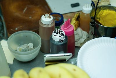 High angle view of breakfast on table