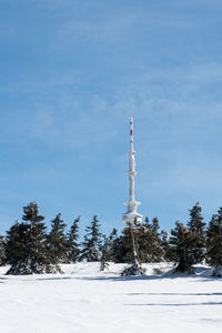 Snow covered land and trees against sky