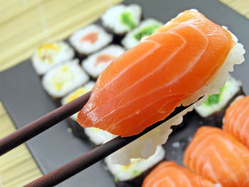 Close-up of sushi served on plate