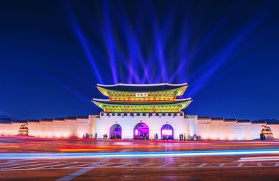 Light trails on building at night