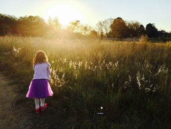 Rear view full length of girl standing by grassy field during sunset