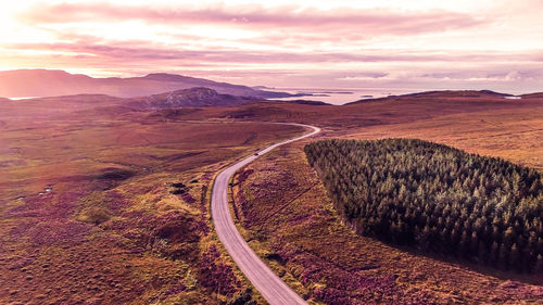 High angle view of landscape against sky during sunset