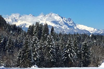 Scenic view of snowcapped mountains against sky