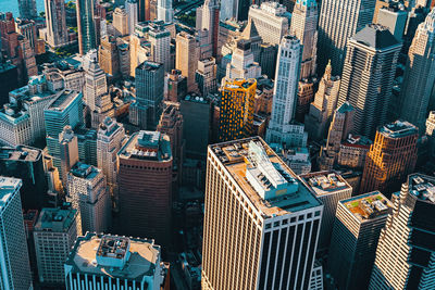 High angle view of modern buildings in city