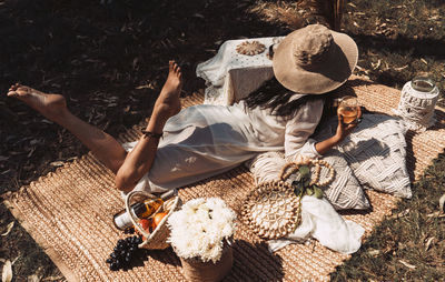 High angle view of women sitting on floor