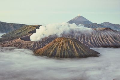 Panoramic view of volcanic landscape against sky