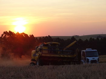 Scenic view of agricultural field against sky during sunset