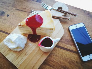 High angle view of breakfast on table