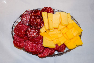 High angle view of chopped fruits on table