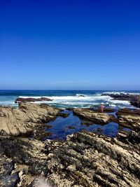 Scenic view of sea against clear blue sky