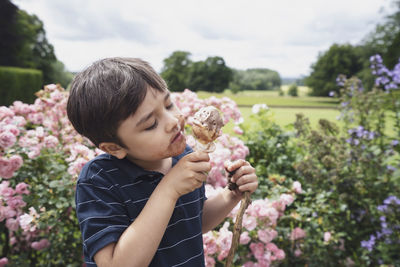 Cute boy eating ice cream sitting against flowering plants