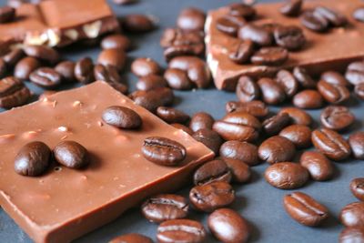 High angle view of coffee beans on table